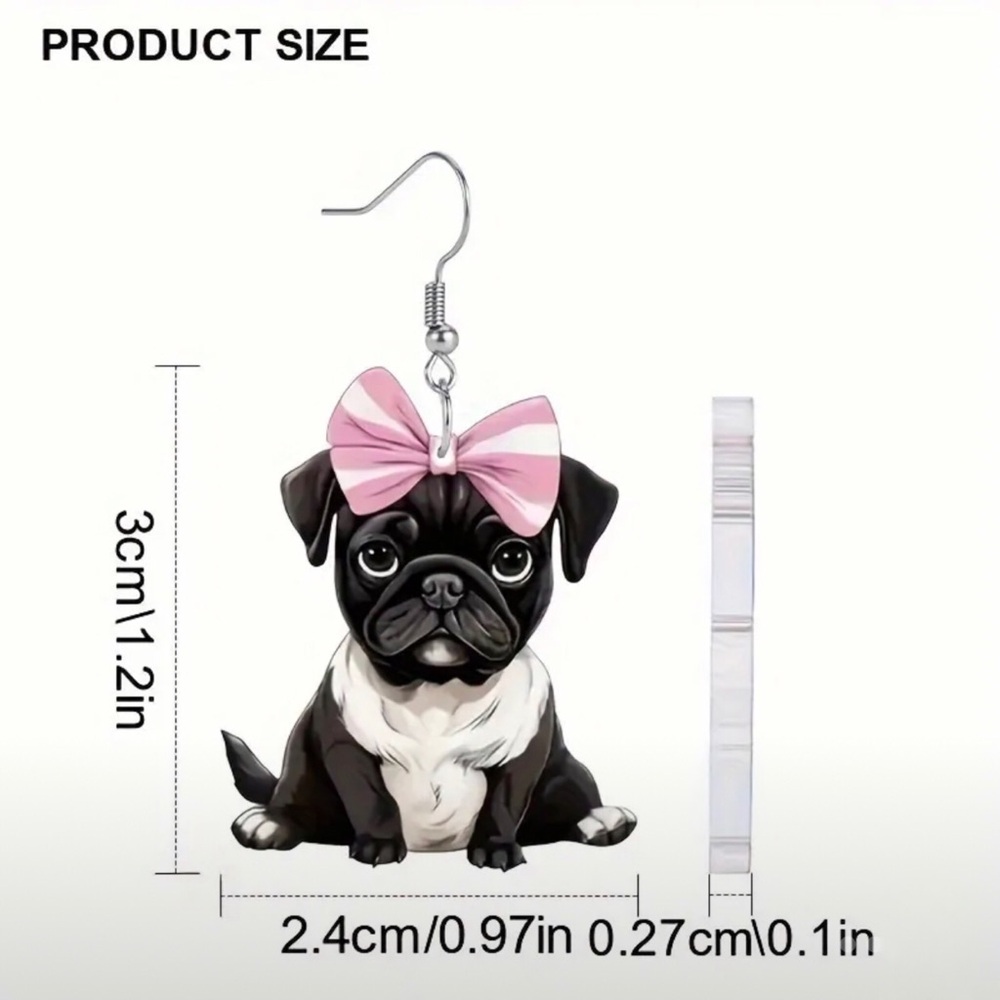 Adorable Pug Earrings with Pink Bow - Picture 3 of 5